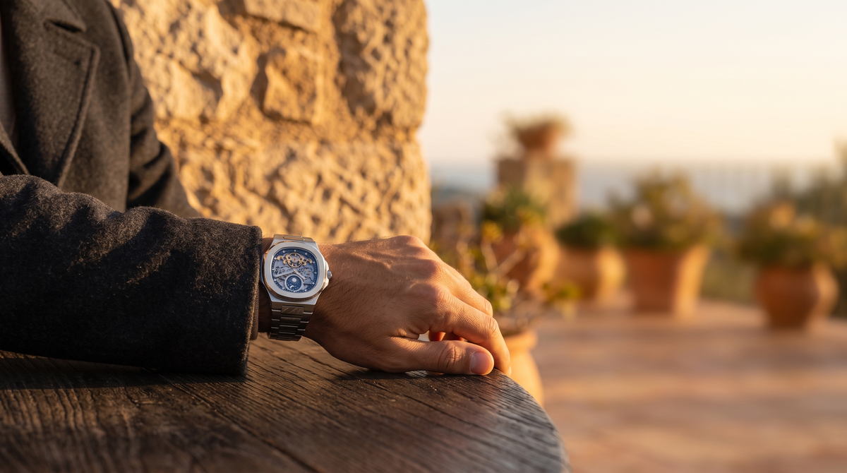 Cavallier steel watch on wrist at golden hour
