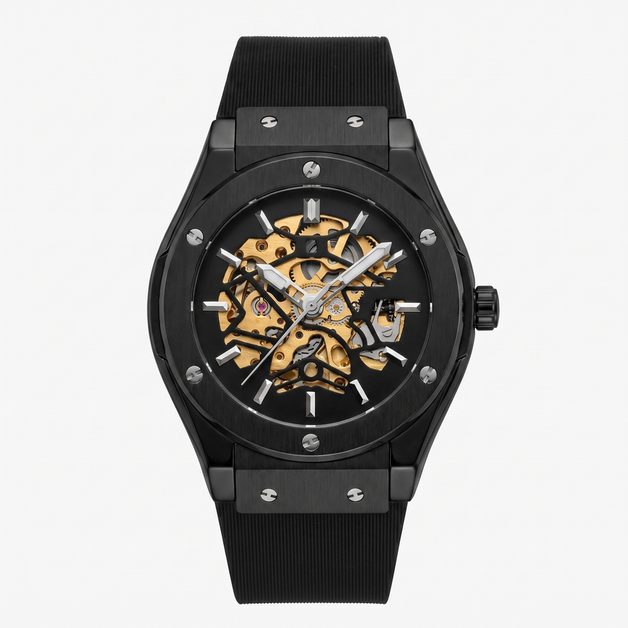 Cavallier Elite Black skeleton watch front view