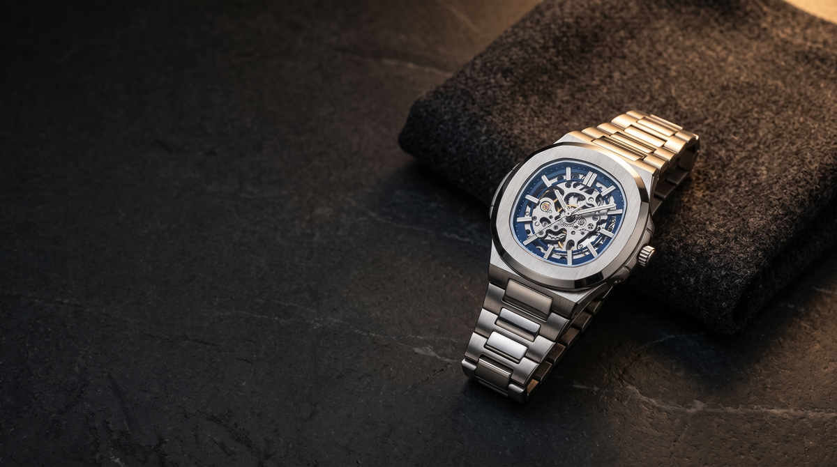 Cavallier steel watch on dark stone